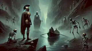 Callisthenes stands at the River Styx in the underworld, with Charon waiting in a small boat surrounded by mist.