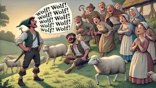 Peter shouts 'Wolf!' again as annoyed villagers approach, looking tired and carrying tools.