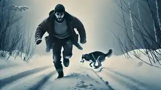 The man stumbling in the snow, exhausted, as he tries to run, with the husky hesitating behind him.