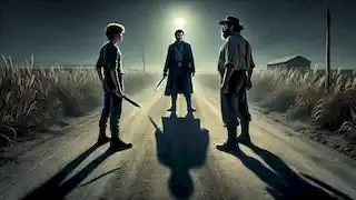 Three men, including Dahlmann, stand in a circle on a rural road, preparing for a knife duel under the moonlight.