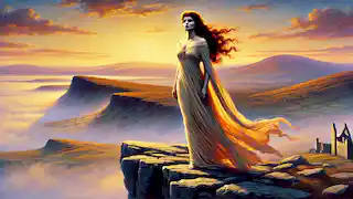 Deirdre standing atop a rocky cliff at dawn, her flowing gown and hair lit by the golden hues of the rising sun