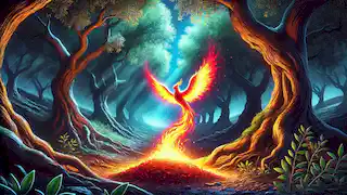 The Phoenix reborn from glowing ashes in a dark grove, its radiant wings emerging amidst ancient olive trees.