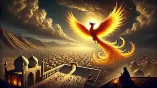 The reborn Phoenix soars above Jahanabad, casting golden light over the city as the dark clouds retreat into the horizon.