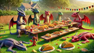 Dragons relax in the backyard after a taco feast, lounging contentedly as Tom watches with a smile.