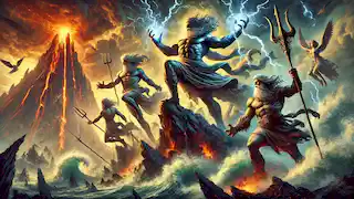 The Titanomachy battle with Zeus hurling thunderbolts, Titans clashing against Olympians under a stormy sky.