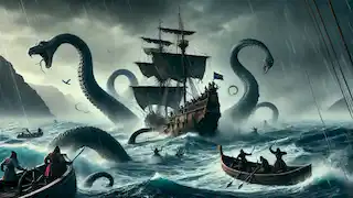 A 13th-century ship is attacked by the Kraken in foggy waters between Iceland and Greenland.