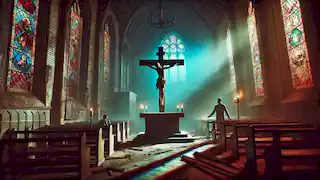 Inside an abandoned church, a cross with an animal skull stands at the altar, with a man and woman standing horrified.