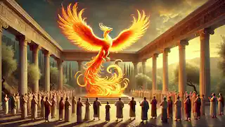 The Phoenix perched on a Greek altar surrounded by mortals, glowing brilliantly under a golden dusk sky.