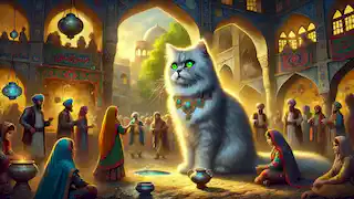 Villagers gather in a Persian marketplace, marveling at the mystical Persian cat with green, gold-flecked eyes.