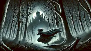 Maude runs through a dark forest, fleeing the castle in fear, with mist surrounding the trees and moonlight breaking through.