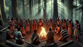  Mapuche villagers led by a shaman, performing ancient rituals around a sacred fire in the forest.