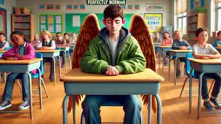 Norman in a classroom, hiding his wings under a bulky jacket, looking uncomfortable