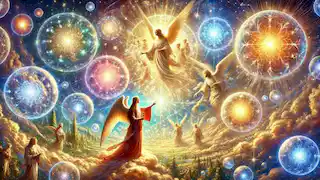 Beatrice guiding the protagonist through celestial spheres filled with divine light and angelic figures.