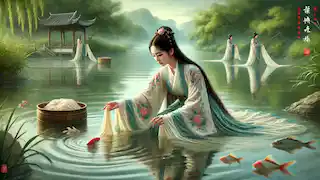 Xi Shi washing silk by the river, her beauty mesmerizing fish, surrounded by lush greenery during the Spring and Autumn Period.