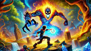 The Artifact of Power: Liam battling the final guardian spirit to obtain the magical amulet. The scene is vibrant with detailed textures, showing the intense battle and the glowing amulet.