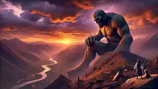 Borzandar, the giant, kneeling on a mountain at sunset as villagers watch, merging with the terrain in his final moments.