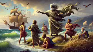 Odysseus and his crew meet Aeolus, the keeper of the winds, on a serene island shore