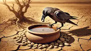 The crow drops pebbles into the pot, trying to raise the water level in the arid landscape with the hot sun overhead.