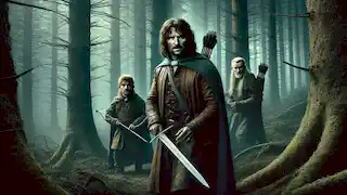 Aragorn, Legolas, and Gimli cautiously advance through a shadowy forest, ready for the dangers lurking around.