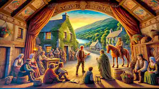 Conclusion Image: Liam returning to his village in Killarney, sharing his stories with the villagers. The scene is vibrant with detailed textures, showing a warm, welcoming atmosphere in the picturesque village.