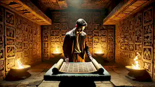 Javier examines an ancient manuscript inside the temple, surrounded by intricate carvings in torchlight