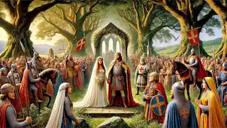 The grand wedding of Culhwch and Olwen, attended by King Arthur.