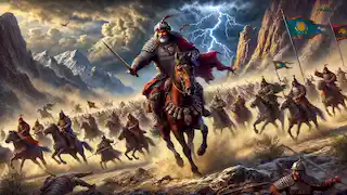 Zolgun leads warriors in a chaotic battle against the Northern Horde in the Valley of Thunder under a stormy sky.