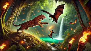 Jaguar attacking an intruder while a bat distracts another near the glowing Cenote in the Mesoamerican jungle.