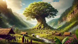 A glowing tree in a lush valley surrounded by villagers, symbolizing the restored balance and hope after Borzandar’s sacrifice.