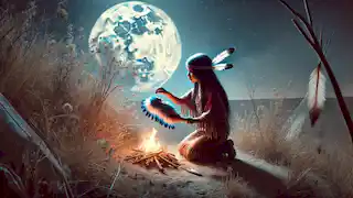 She-Who-Is-Alone on a hill under the moonlight, making a sacrifice with her doll.