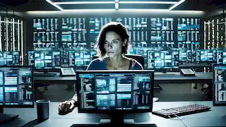 Lisbeth Salander works on multiple computer screens in a high-tech office during her final hacking operation.