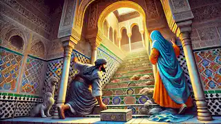 Aisha and Tariq uncovering a hidden staircase descending into darkness in the Court of the Lions.