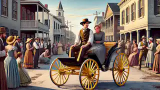 Miss Emily and Homer Barron ride together in a yellow-wheeled buggy through a quiet Southern town.