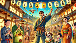 Villagers celebrate Momotaro’s victory and safe return, honoring him and his companions.