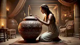 Pandora reaches for the lid of an ornate jar, her face showing both curiosity and fear, in a dimly lit Greek home.