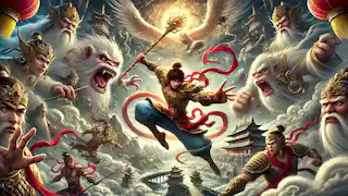 Sun Wukong battles the celestial armies led by Erlang Shen, wielding his magical staff in a fierce encounter.