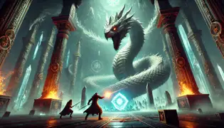 Kotlboke and Elise fighting a colossal shimmering serpent in a crystal-filled chamber with glowing glyphs.