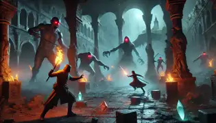 Kotlboke and Elise battling Schattenlords in an ancient courtyard filled with glowing crystals and crumbling statues.