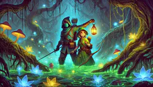 Kotlboke and Elise navigating a glowing swamp with will-o’-the-wisps, surrounded by twisted trees and bioluminescent plants.