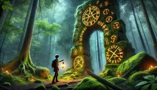 Kotlboke approaching a stone archway with glowing runes in a dense, magical German forest.