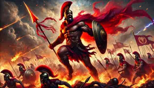 Ares rallies Trojan warriors on the battlefield, exuding fiery energy and wielding a blood-stained spear.