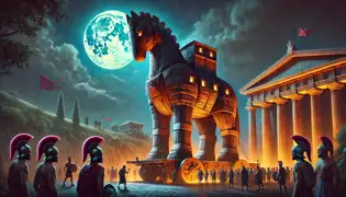 The Trojan Horse stands at Troy’s gates, illuminated under the moonlight as citizens and soldiers gather in awe and suspicion.