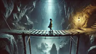 Ema crossing a precarious wooden bridge at night over a chasm, guided by the glow of her pendant.