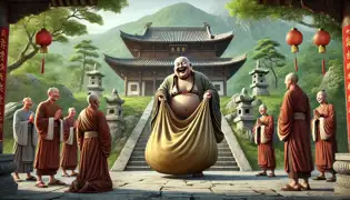 Budai arriving at a mountain temple, placing his cloth bag down as monks observe curiously.