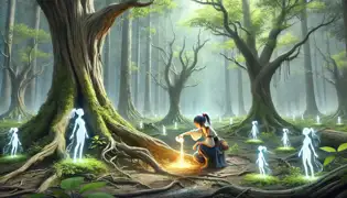 Ema kneeling in a blackened grove, pouring a glowing potion as spirits and trees regain life and vibrancy.