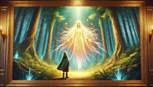 Ema stands proudly in a glowing forest clearing, receiving the restored pendant from the radiant spirit of Liera.