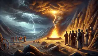 The Eternal Flame ignites as lightning strikes the rocky terrain, surrounded by awe-struck villagers.