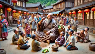 Budai sits in a lively village square, handing out trinkets and fruits while villagers smile warmly.