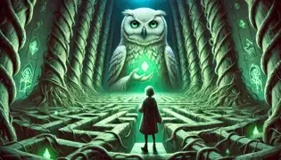 Ema in a glowing labyrinth stands before a wise owl on a pedestal as it presents a shard of light.