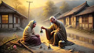 Budai comforts a grieving mother with a small bell, surrounded by a serene village and sunset glow.